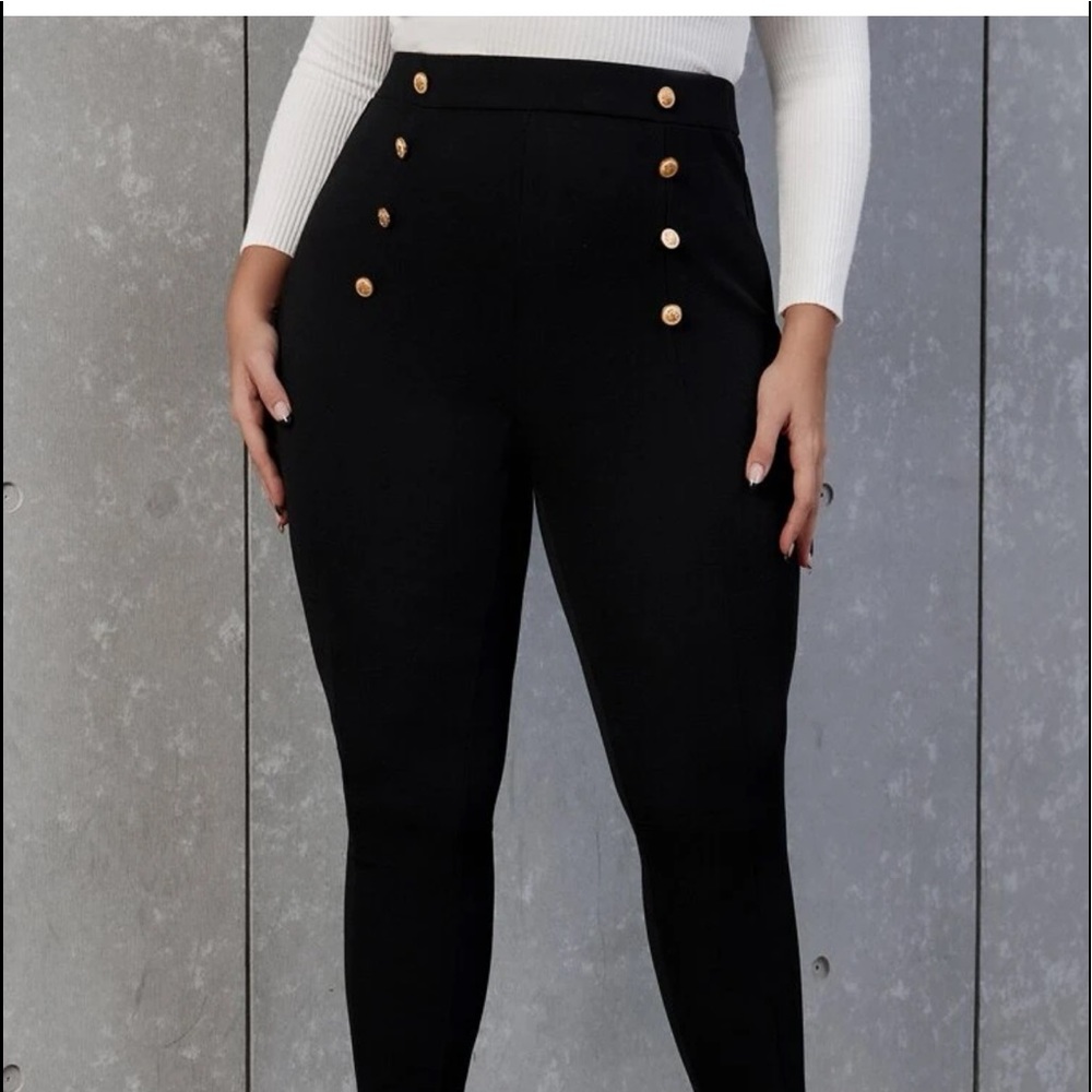 Plus High Waist Button Detail Skinny Pants